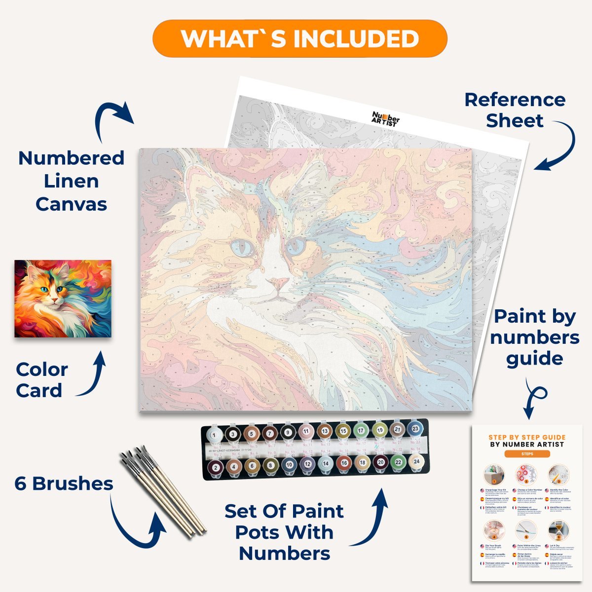 This image features a stylized portrait of a cat, characterized by its long fur and striking blue eyes.