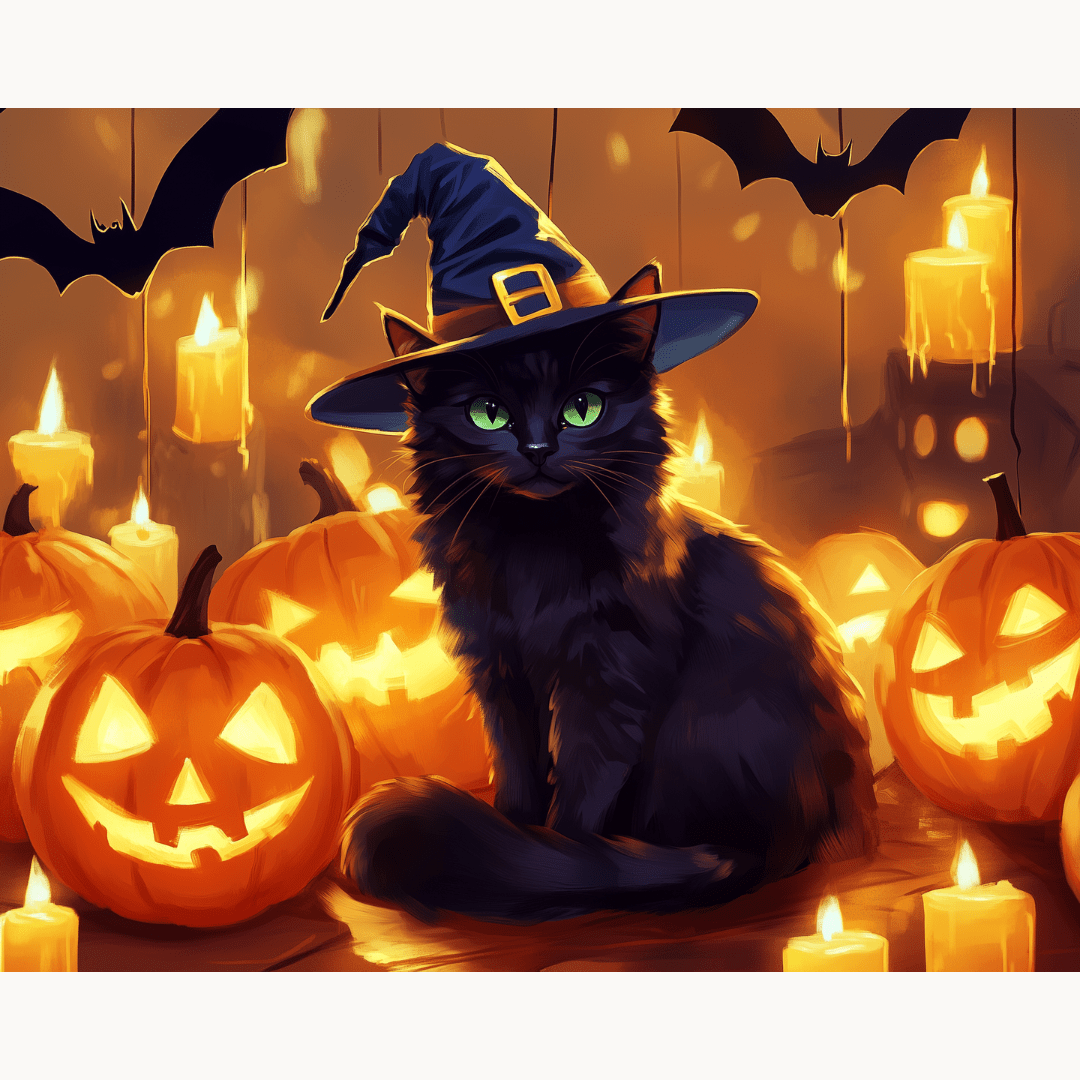 In the image, a black cat sits in the center, surrounded by an enchanting Halloween setting.