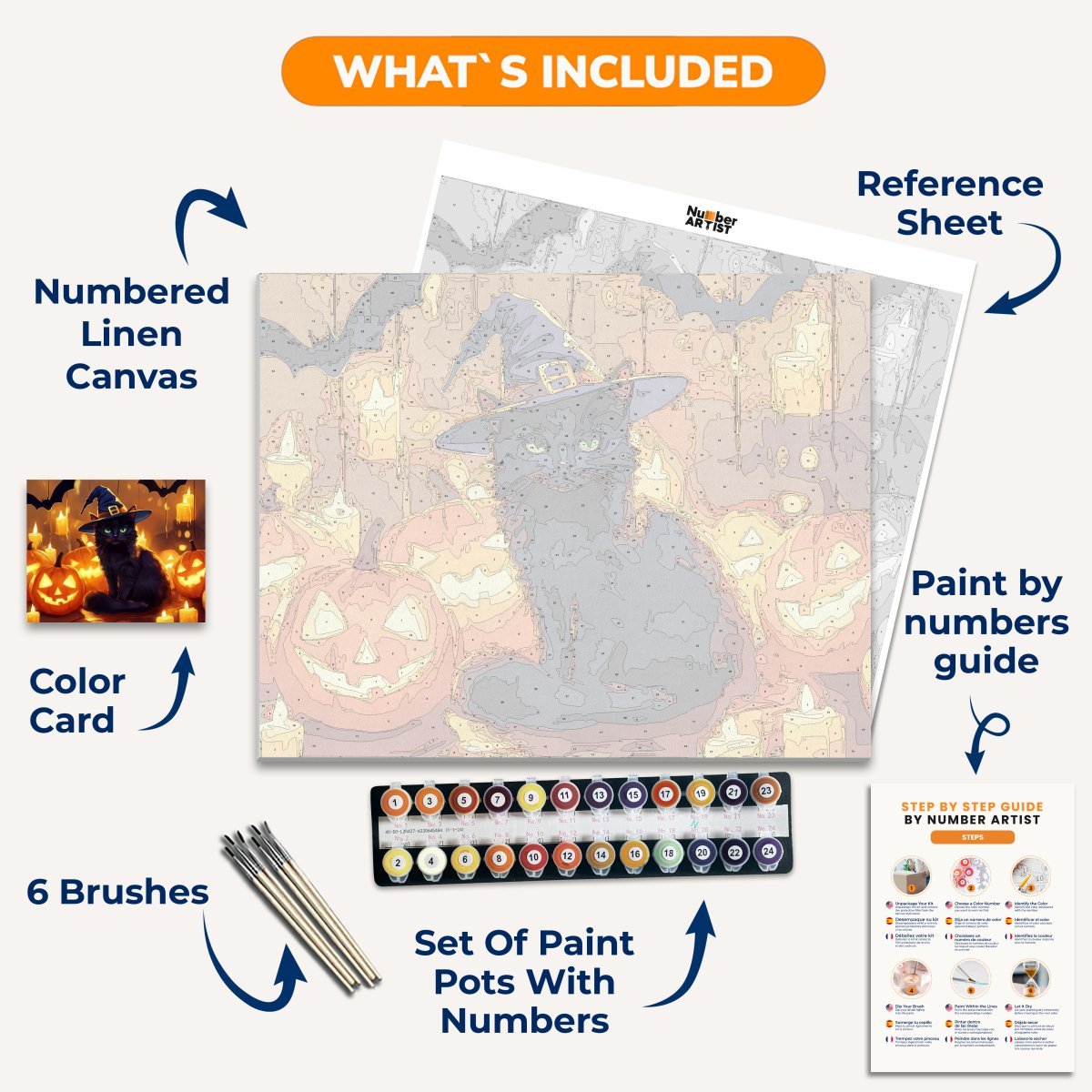 In the image, a black cat sits in the center, surrounded by an enchanting Halloween setting.