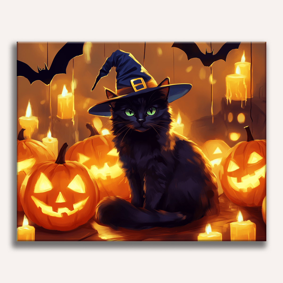 In the image, a black cat sits in the center, surrounded by an enchanting Halloween setting.