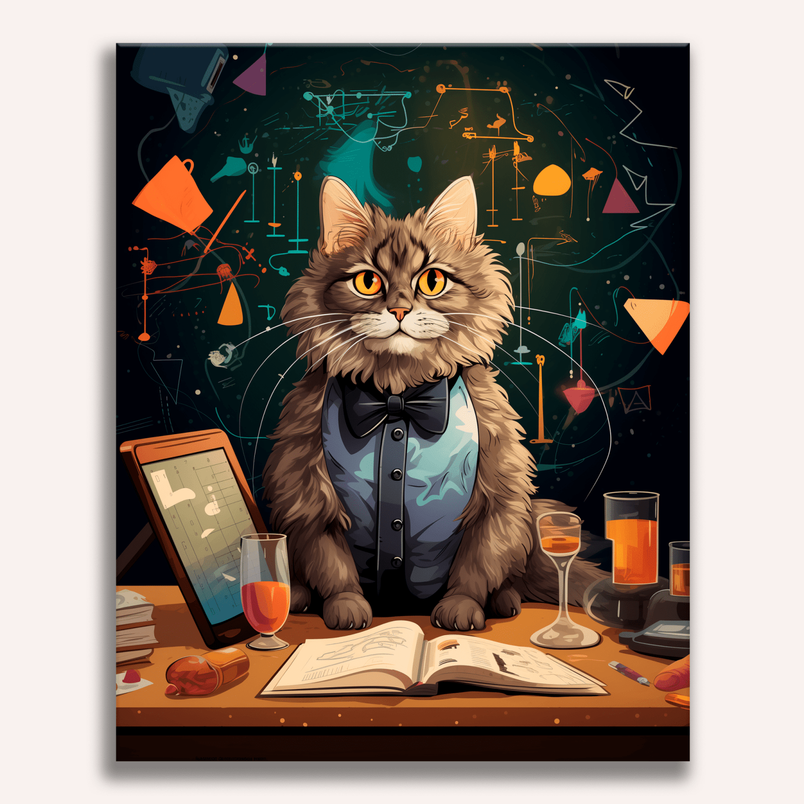 A cat dressed as a human, wearing glasses and a blue vest, sits at a desk with an open book, surrounded by various items like bottles, books, and a wine glass, against a cosmic or space-themed background featuring colorful abstract patterns and stars..