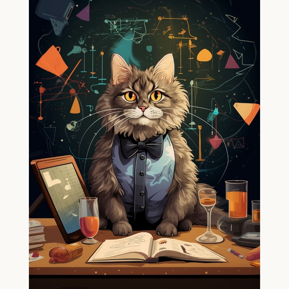 A cat dressed as a human, wearing glasses and a blue vest, sits at a desk with an open book, surrounded by various items like bottles, books, and a wine glass, against a cosmic or space-themed background featuring colorful abstract patterns and stars..