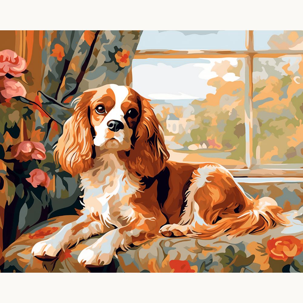 A painting depicts a brown-coated Cavalier King Charles Spaniel sitting on a floral couch cushion.