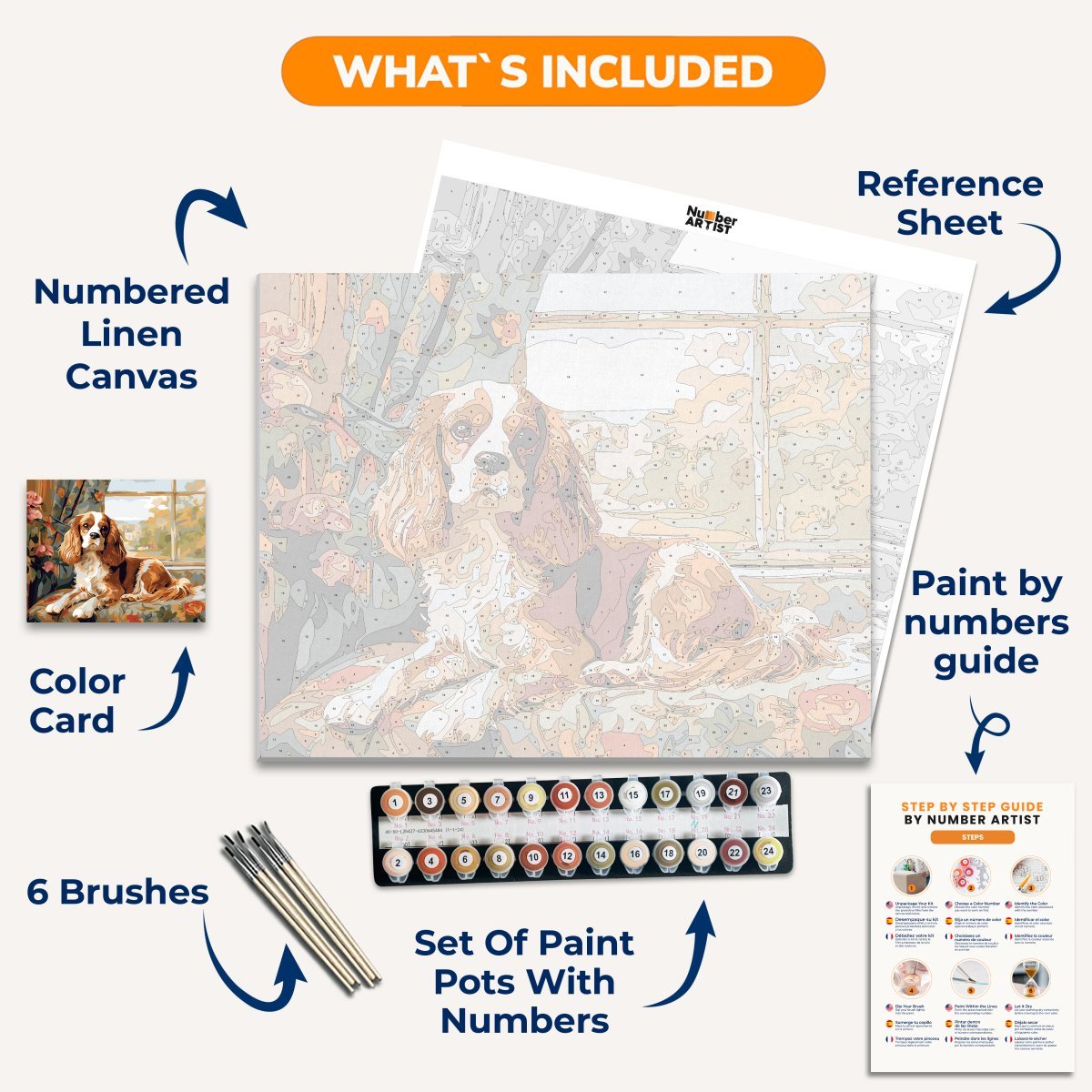 A painting depicts a brown-coated Cavalier King Charles Spaniel sitting on a floral couch cushion.