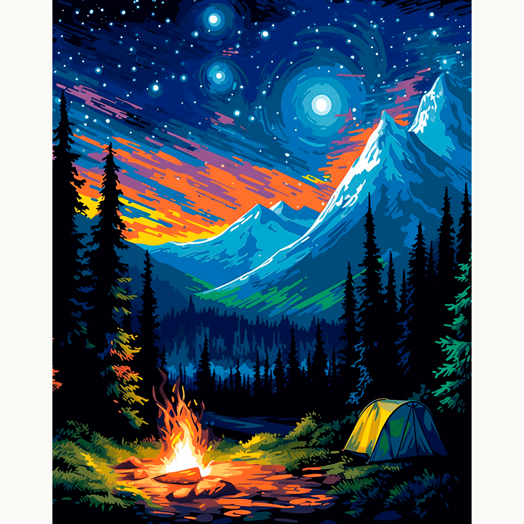 This is a vibrant and colorful digital illustration depicting a serene camping scene at dusk or dawn.