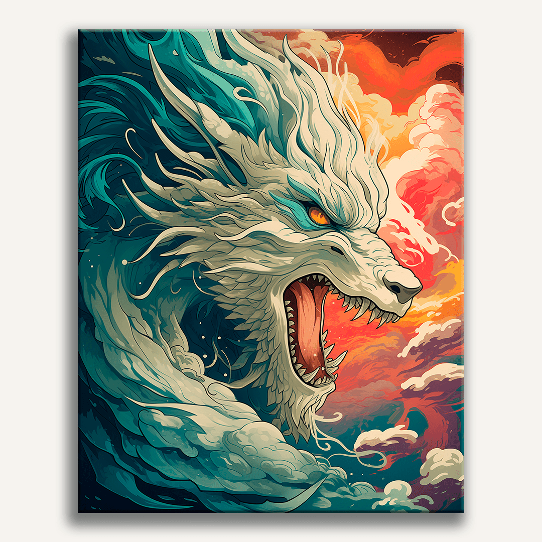 The image presents a vivid fantasy scene featuring an illustration of a mythical creature that resembles a dragon or serpentine monster.