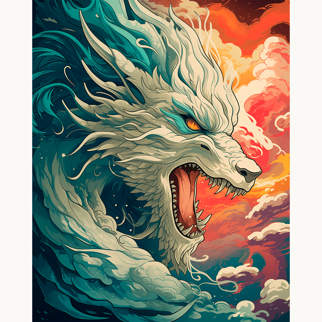 The image presents a vivid fantasy scene featuring an illustration of a mythical creature that resembles a dragon or serpentine monster.