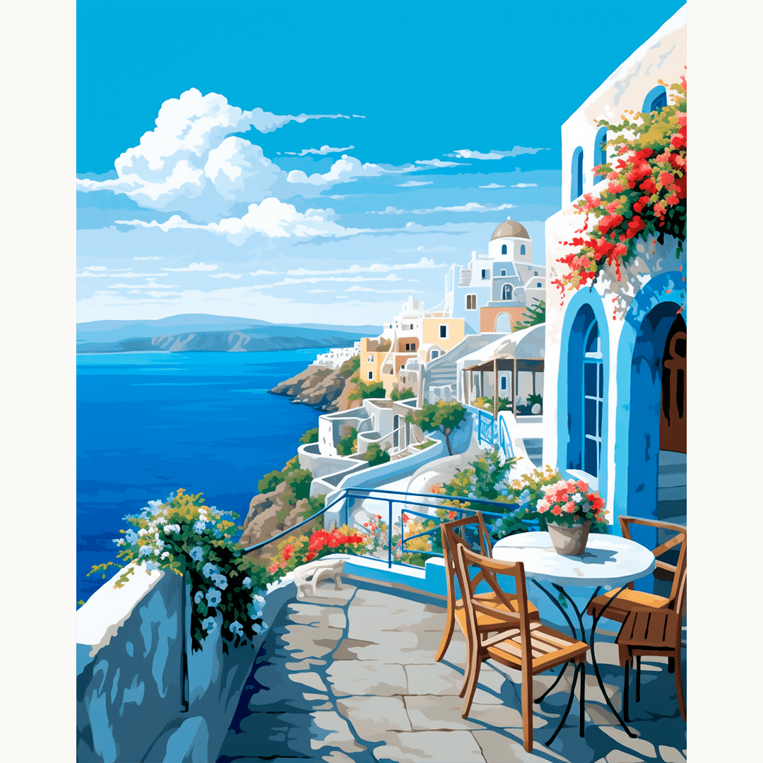 The image depicts a tranquil seaside village with whitewashed buildings and blue windows overlooking the ocean.