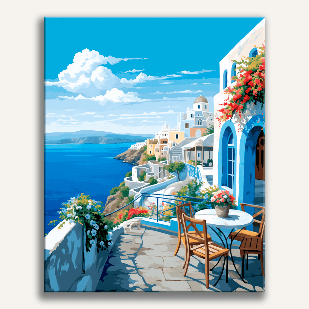 The image depicts a tranquil seaside village with whitewashed buildings and blue windows overlooking the ocean.