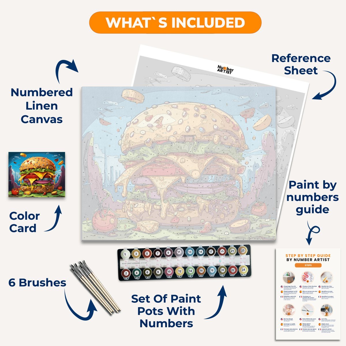 The image presents a large hamburger, richly layered with various ingredients such as lettuce, cheese, and tomato, prominently displayed against a vibrant backdrop.