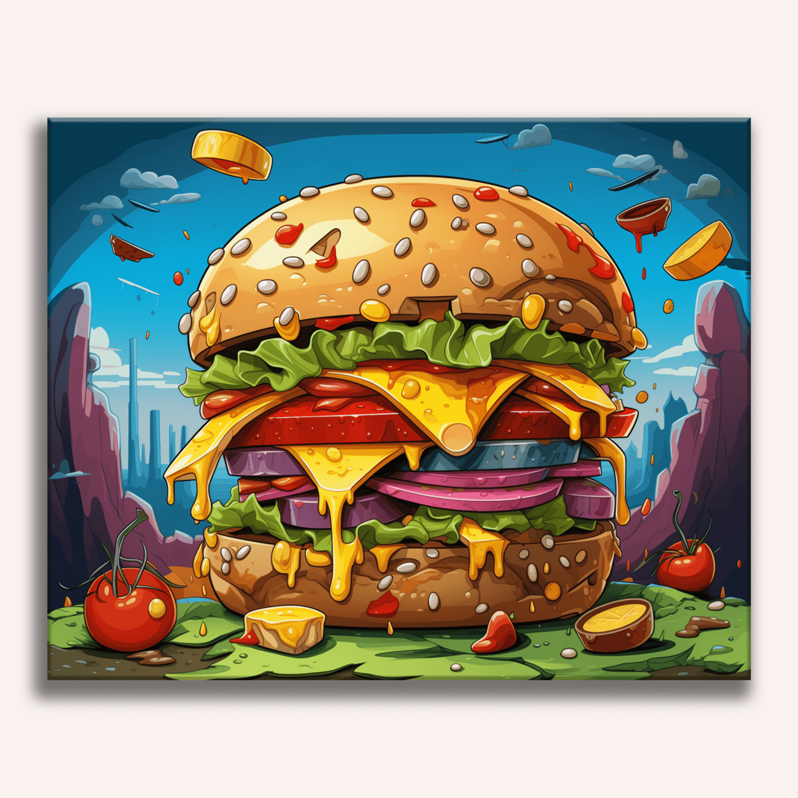 The image presents a large hamburger, richly layered with various ingredients such as lettuce, cheese, and tomato, prominently displayed against a vibrant backdrop.
