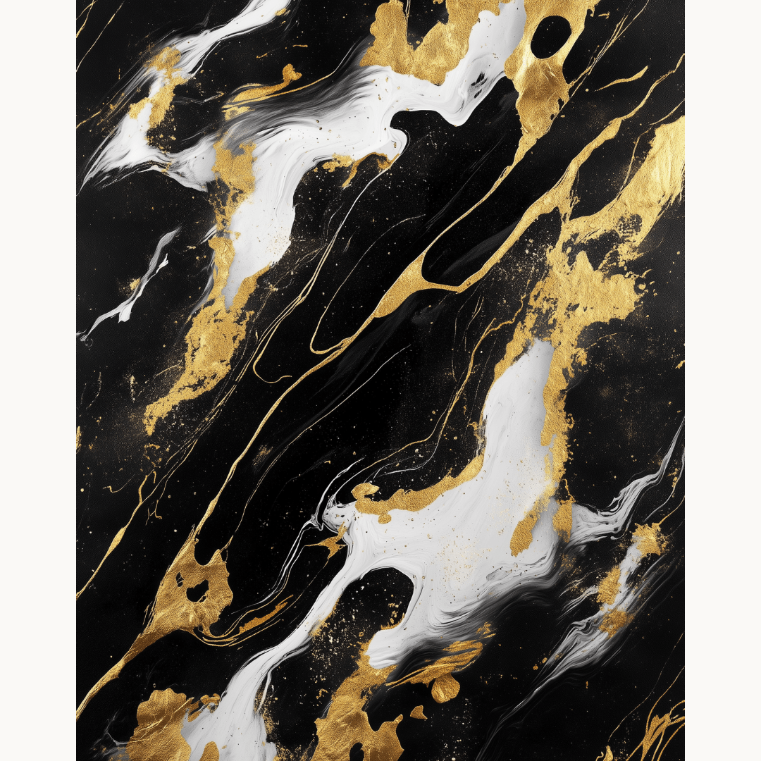 A striking black marble artwork adorned with gold foil accents.