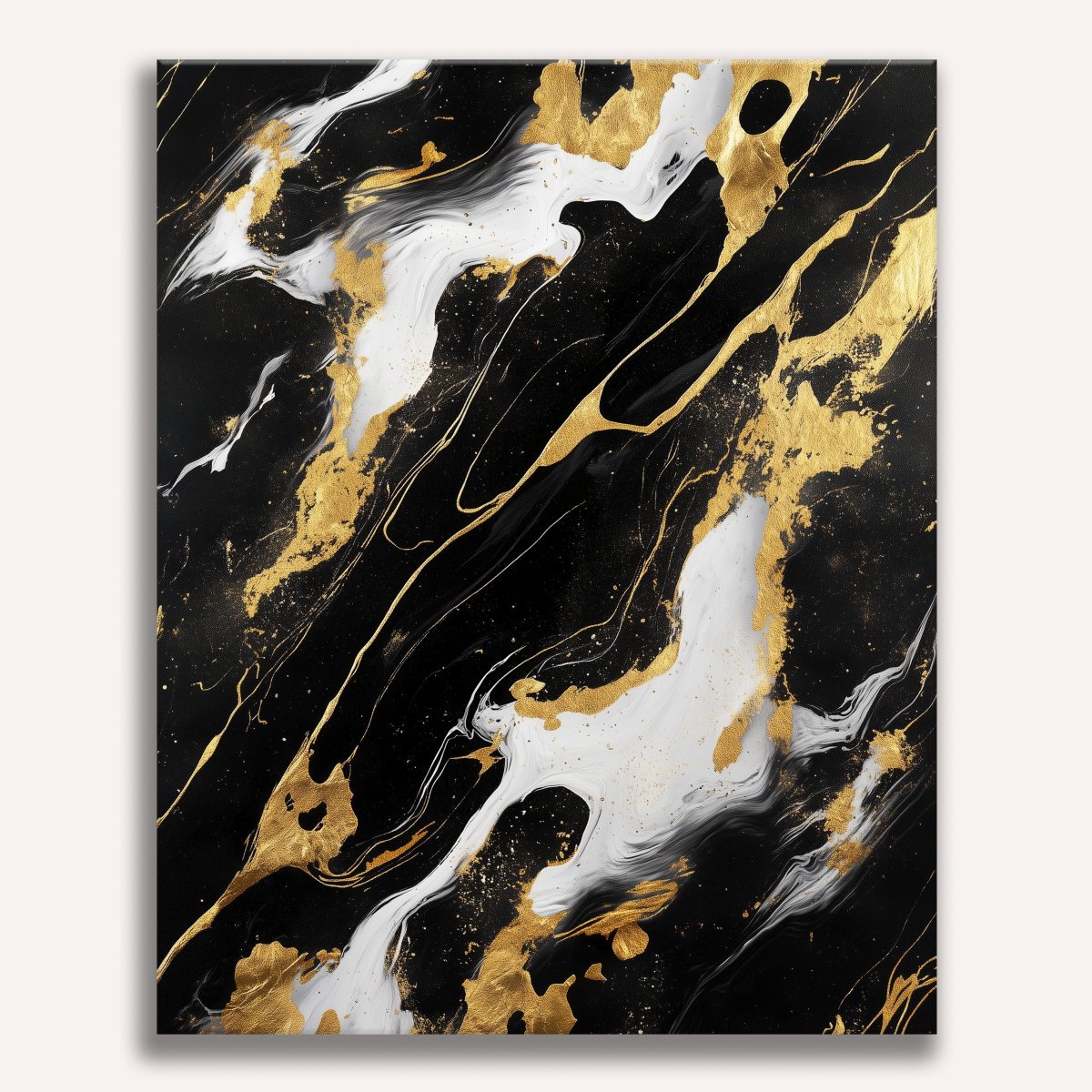 A striking black marble artwork adorned with gold foil accents.