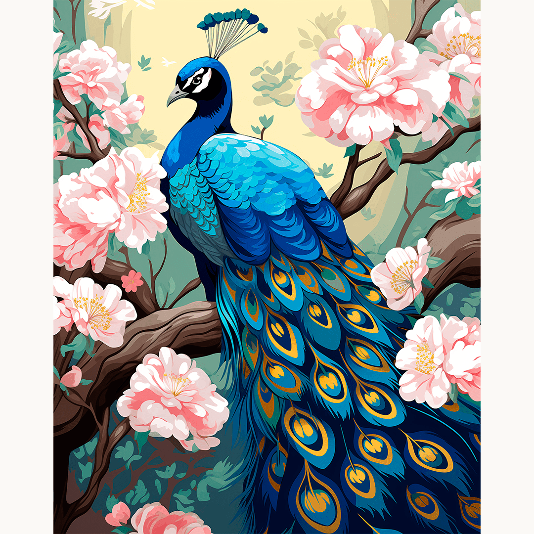 A peacock, adorned in vibrant plumage and an elegant blue headpiece, stands majestically on a branch among blooming cherry blossoms..