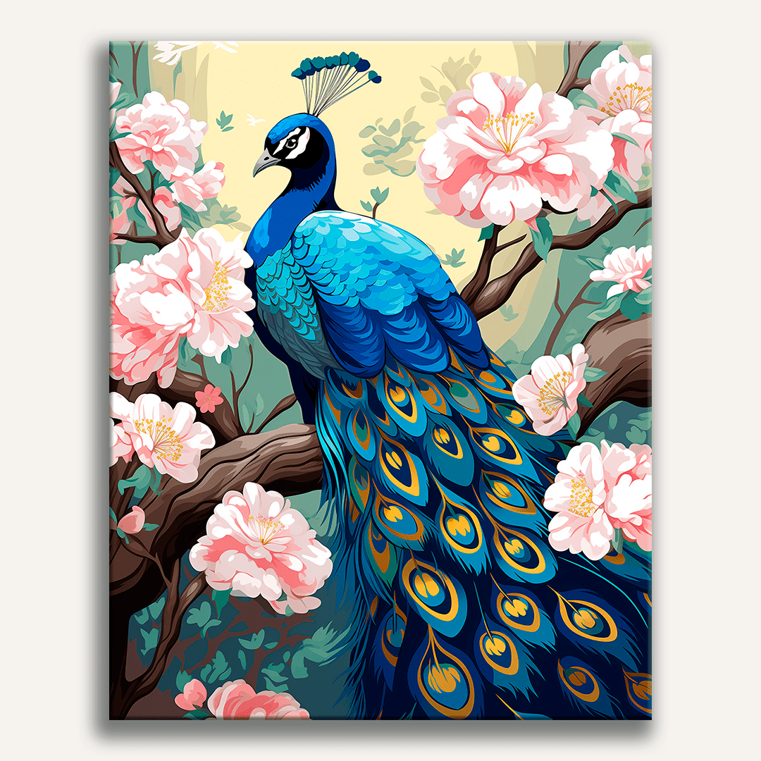 A peacock, adorned in vibrant plumage and an elegant blue headpiece, stands majestically on a branch among blooming cherry blossoms..