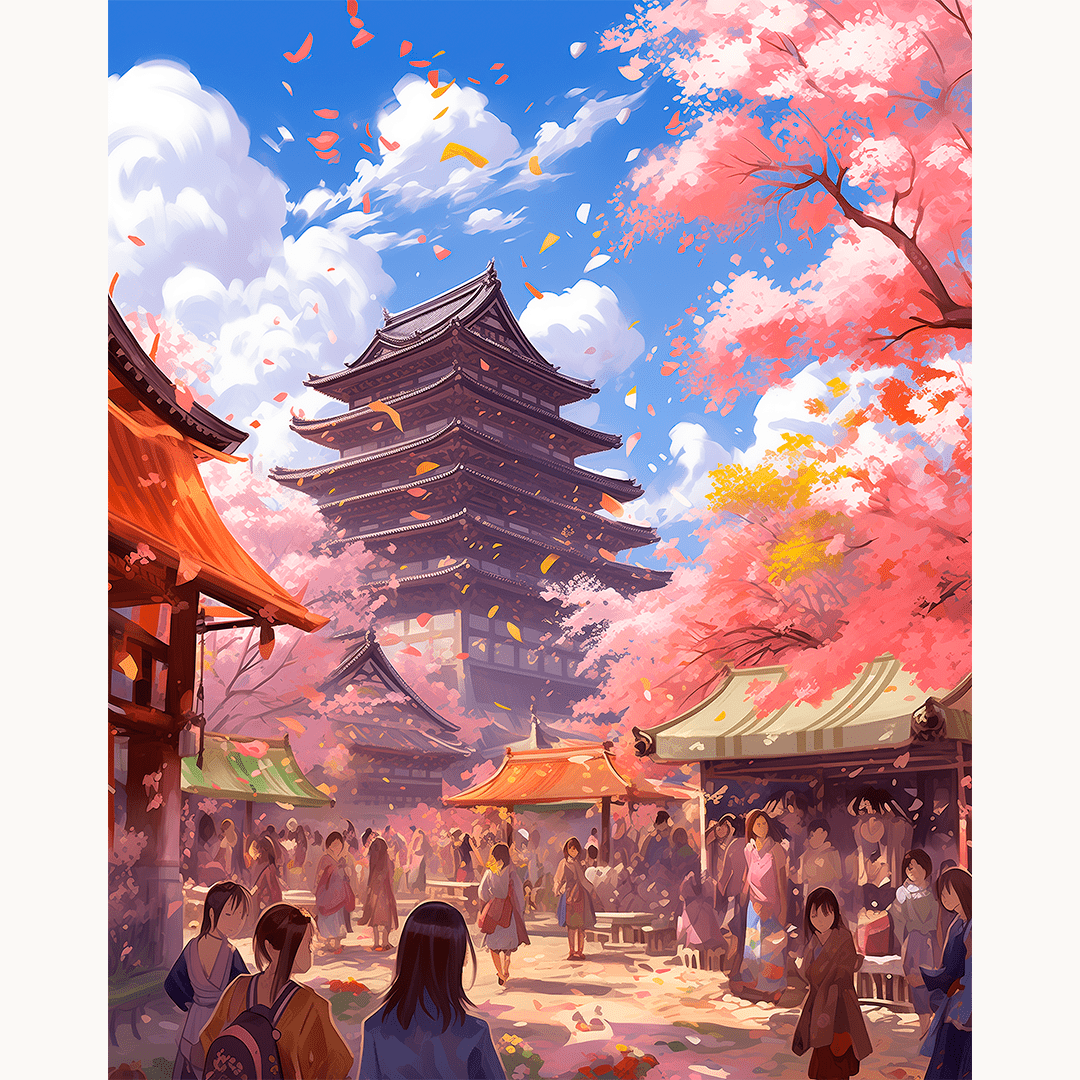 This image depicts a lively scene in what appears to be an East Asian city center during springtime.