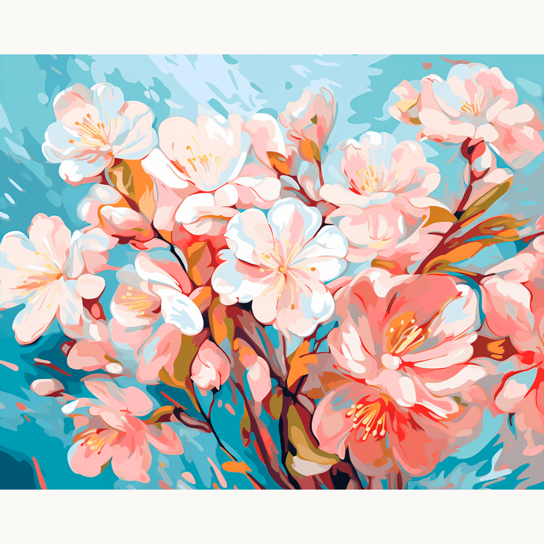 A vibrant canvas print showcases a bouquet of blooming flowers with pink blossoms and green foliage, painted in an impressionistic style against a light blue background..