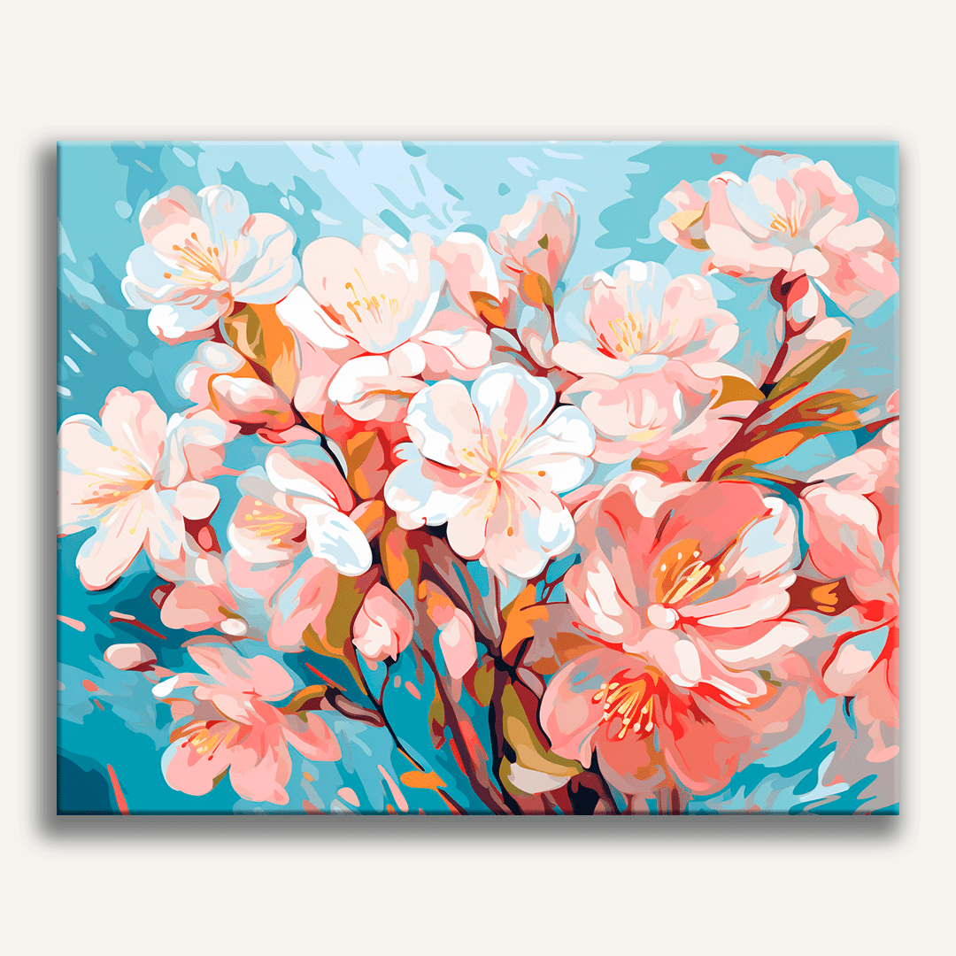 A vibrant canvas print showcases a bouquet of blooming flowers with pink blossoms and green foliage, painted in an impressionistic style against a light blue background..