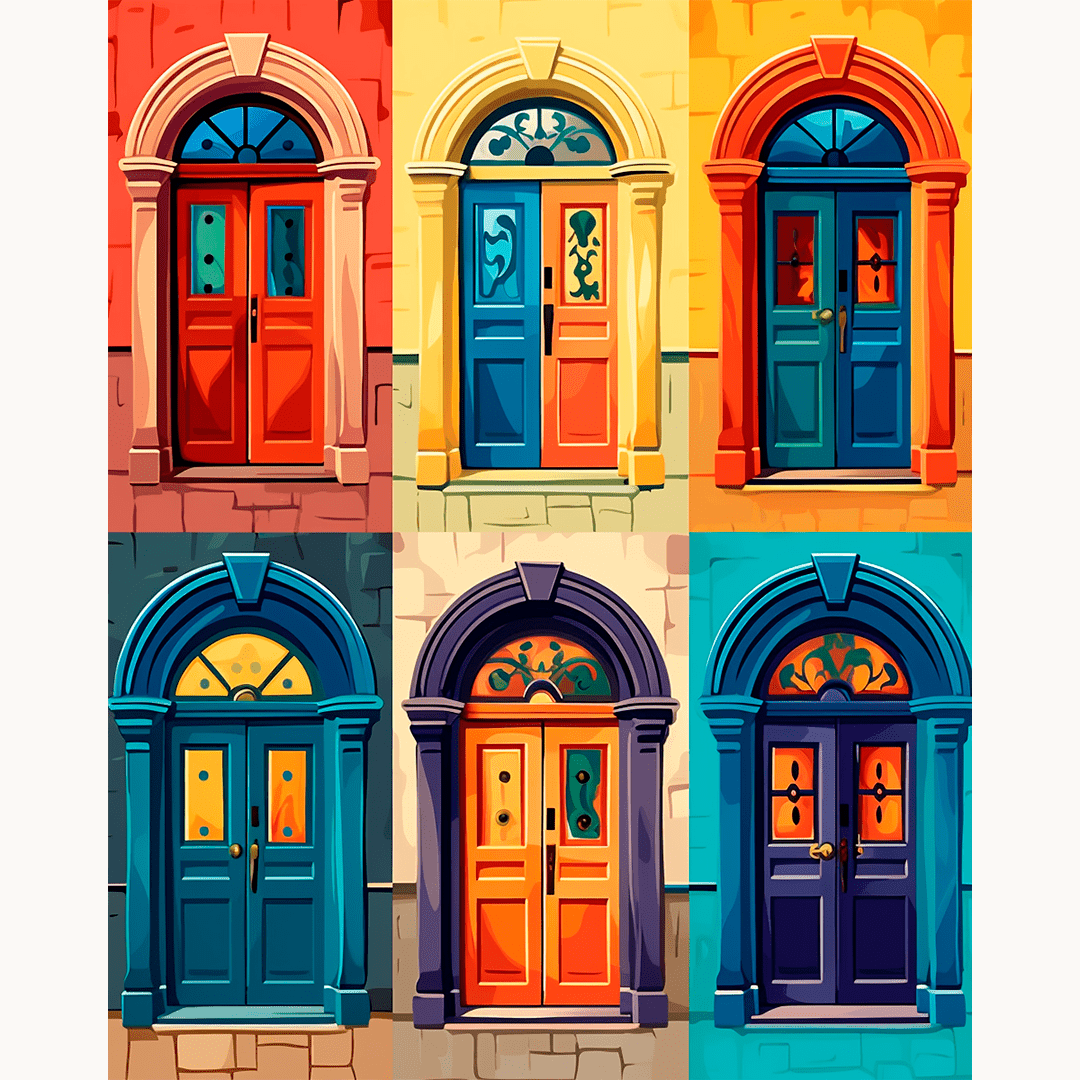 The image displays a vibrant illustration of four colorful doors against a backdrop that appears to be a brick wall.