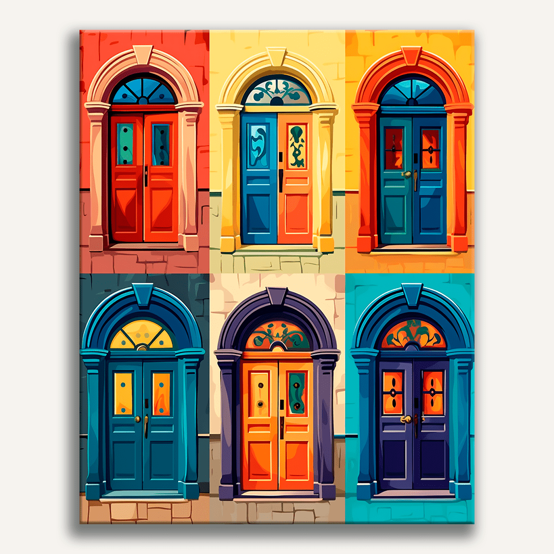 The image displays a vibrant illustration of four colorful doors against a backdrop that appears to be a brick wall.