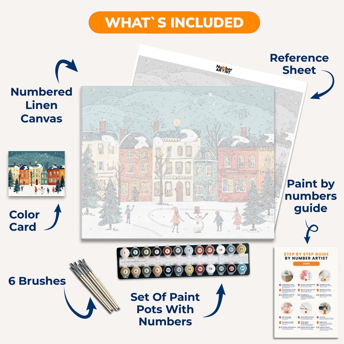 This illustration captures a festive winter scene on a residential street.