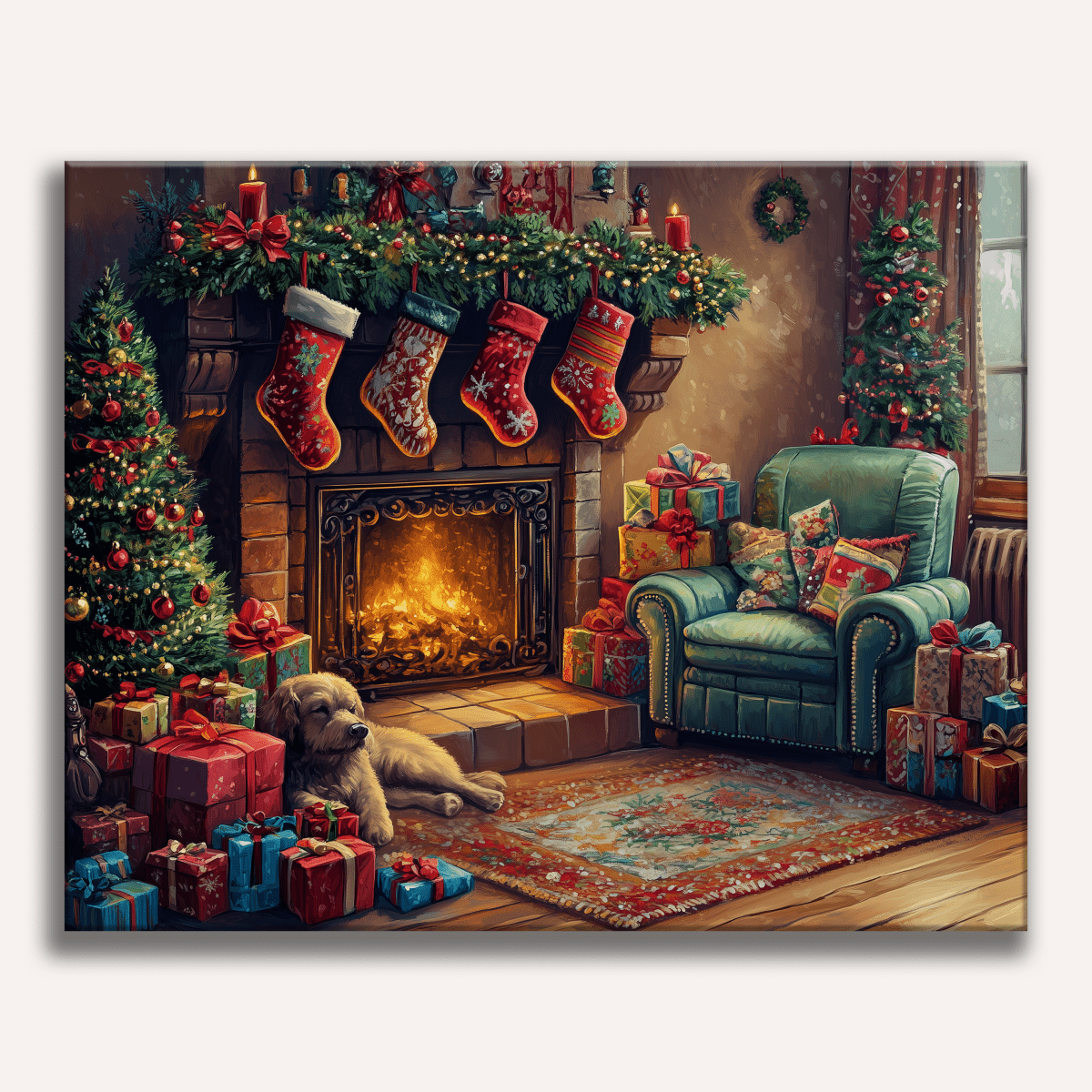 In this festive scene, a cozy fireplace is adorned with stockings and twinkling Christmas lights.