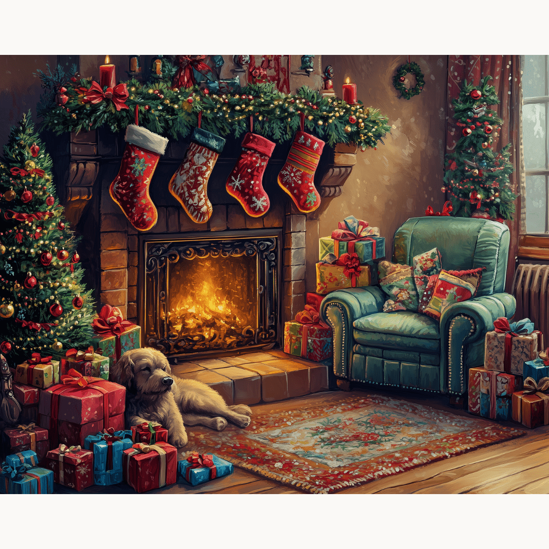 In this festive scene, a cozy fireplace is adorned with stockings and twinkling Christmas lights.