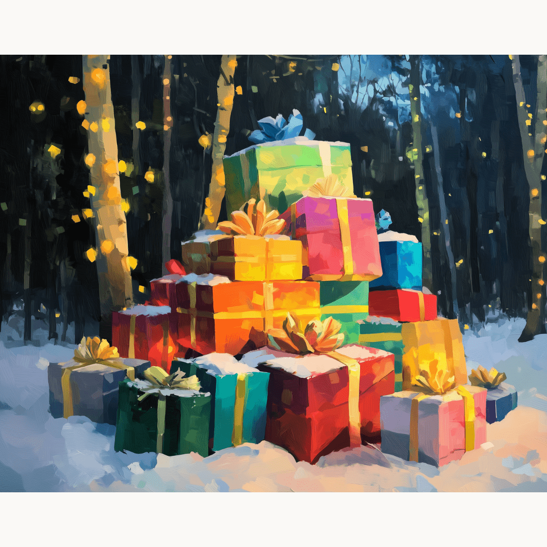 The image showcases a vibrant Christmas tree adorned with colorful presents, each tied up neatly with ribbon.