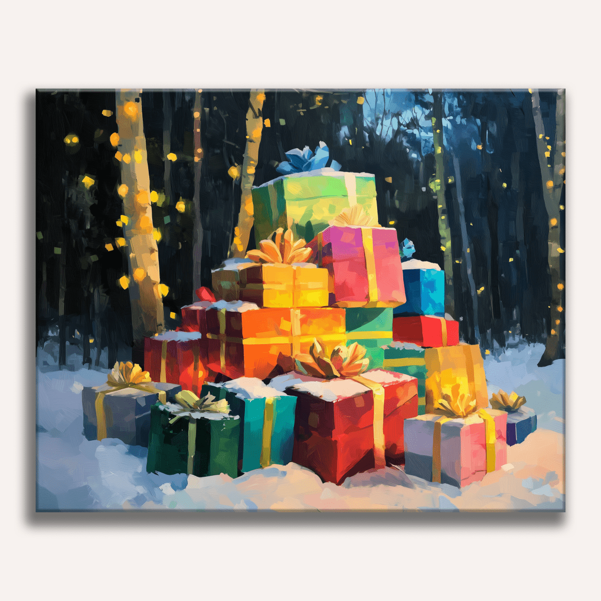 The image showcases a vibrant Christmas tree adorned with colorful presents, each tied up neatly with ribbon.