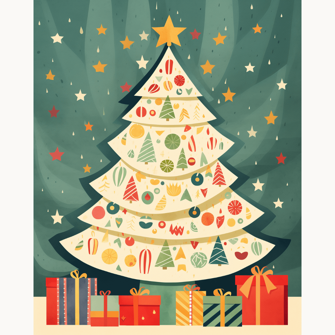 A vibrant Christmas tree stands on a dark green background, adorned with a variety of colorful ornaments.