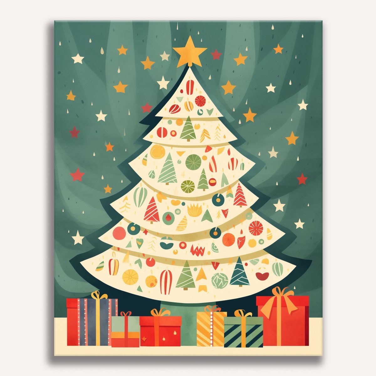 A vibrant Christmas tree stands on a dark green background, adorned with a variety of colorful ornaments.