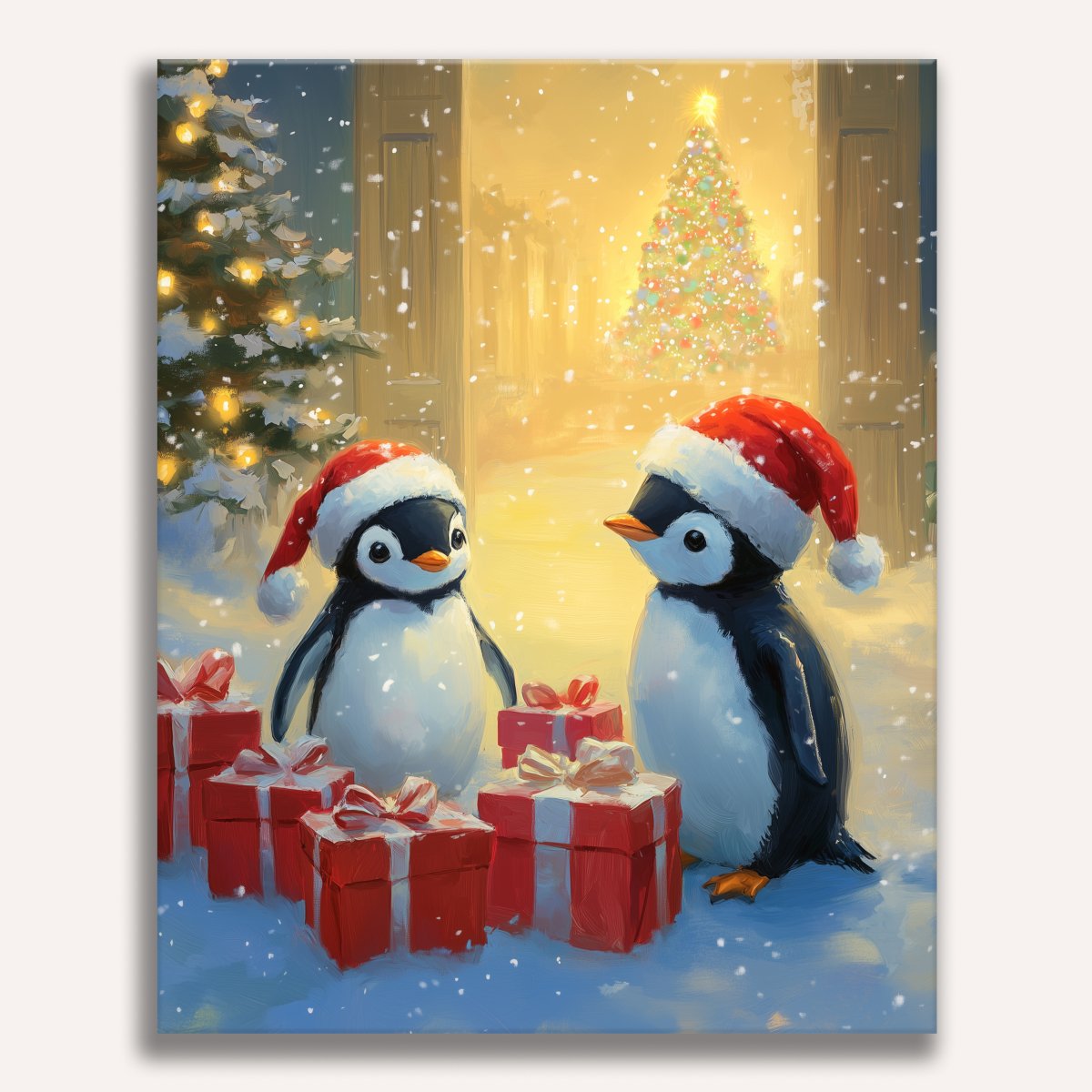 In this festive scene, two penguins are standing amidst a blanket of snow on Christmas Eve night.
