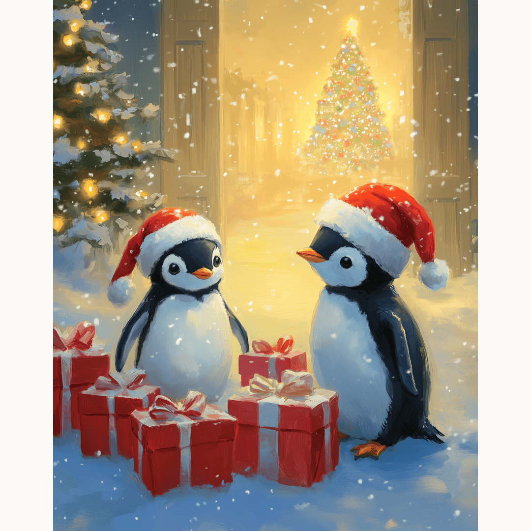 In this festive scene, two penguins are standing amidst a blanket of snow on Christmas Eve night.