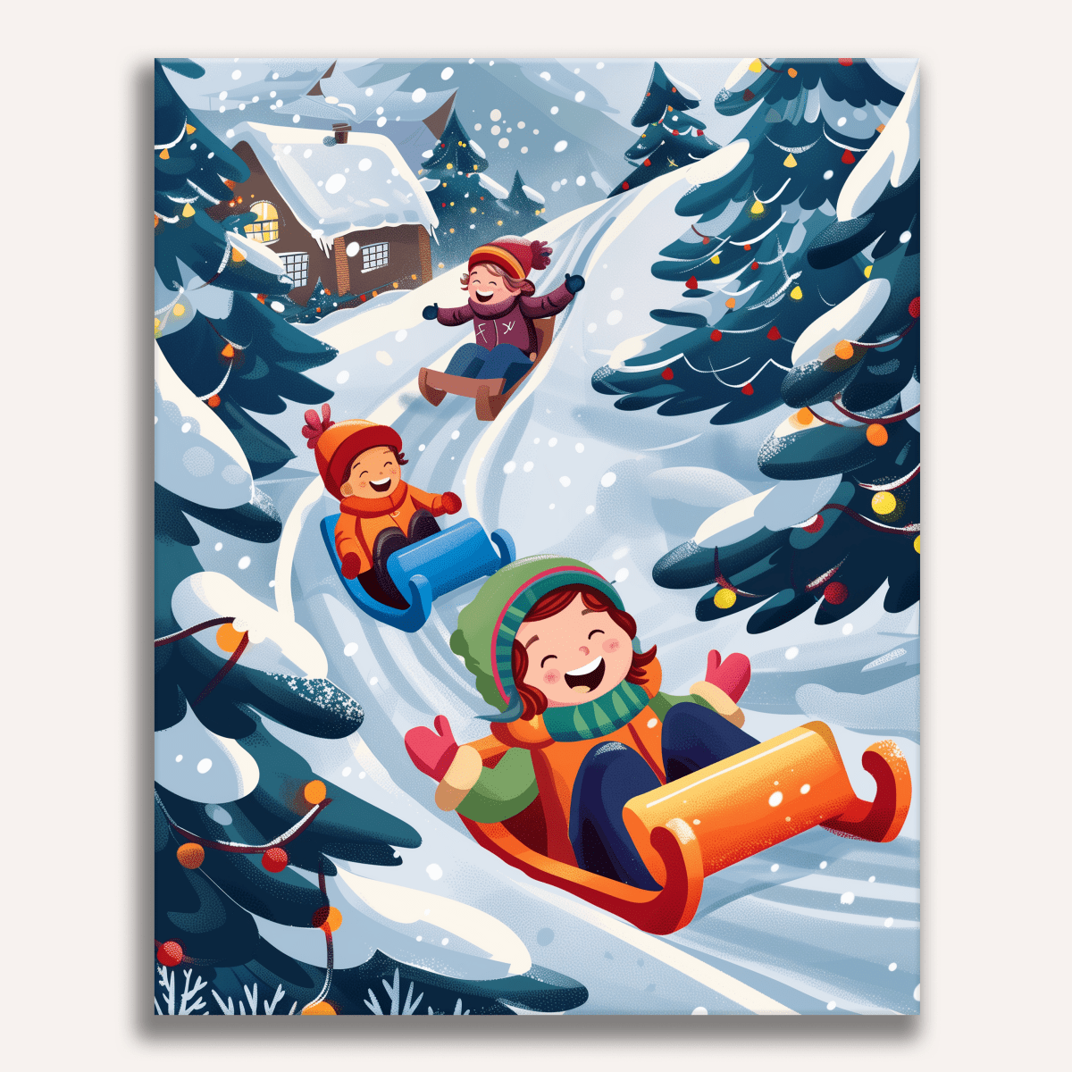 In a vibrant winter setting, three individuals are enjoying a sled ride down a snowy hill.