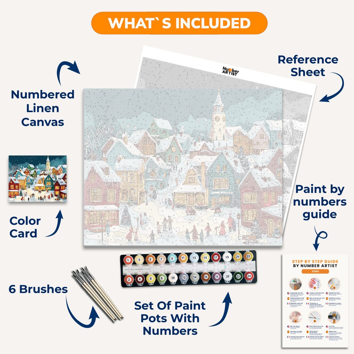 The image portrays a festive Christmas village scene.