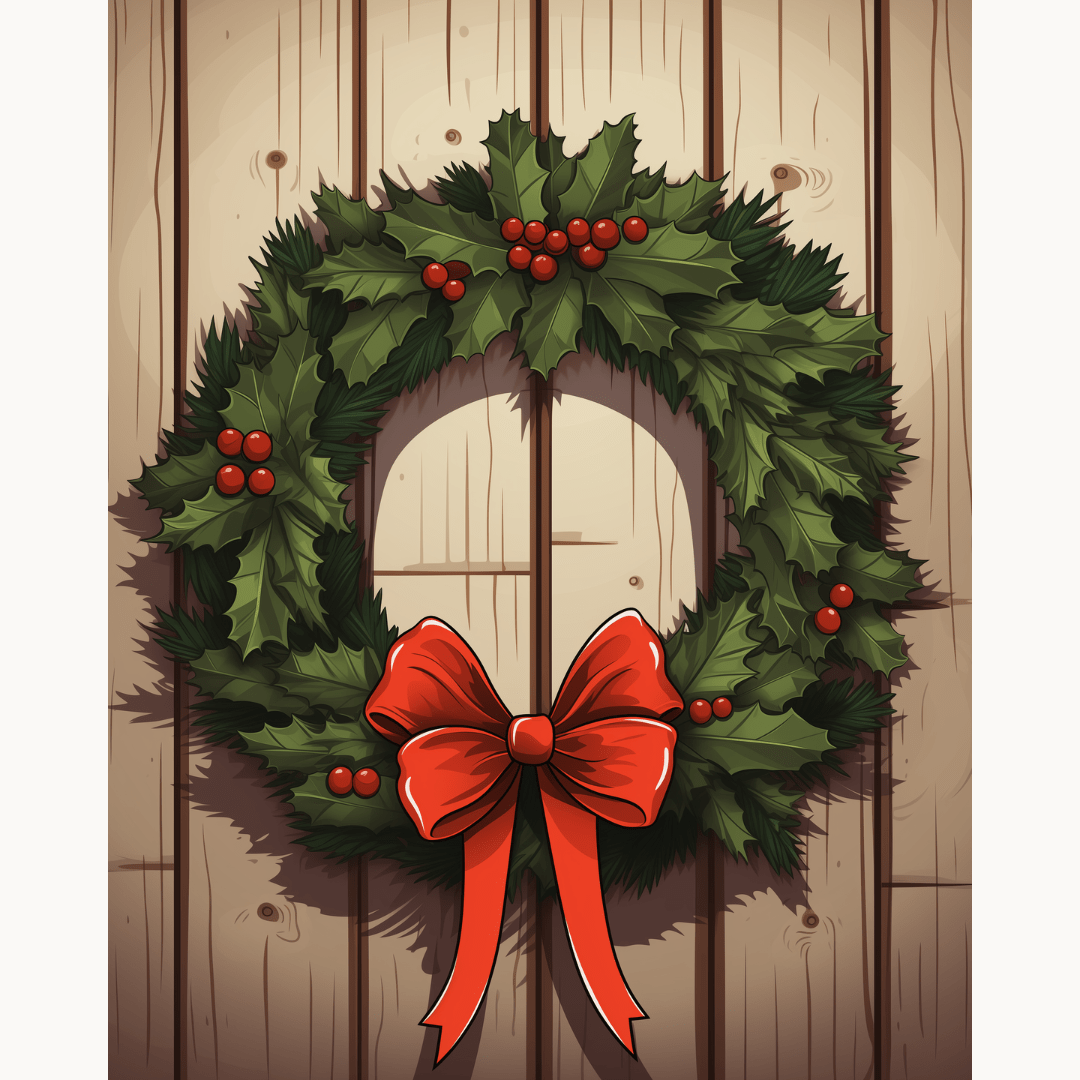 This is an illustration of a Christmas wreath hanging on a wooden wall with a white background.