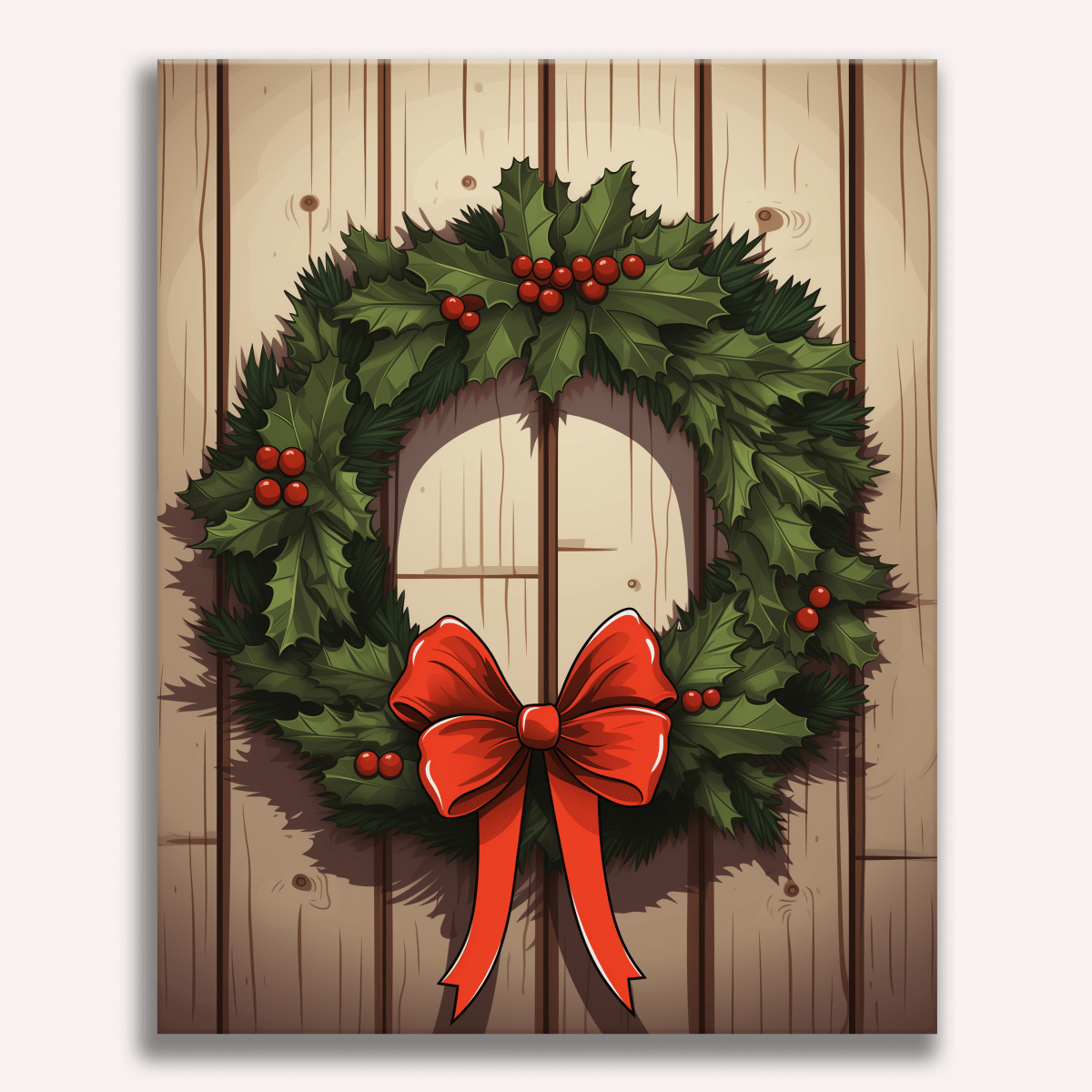 This is an illustration of a Christmas wreath hanging on a wooden wall with a white background.