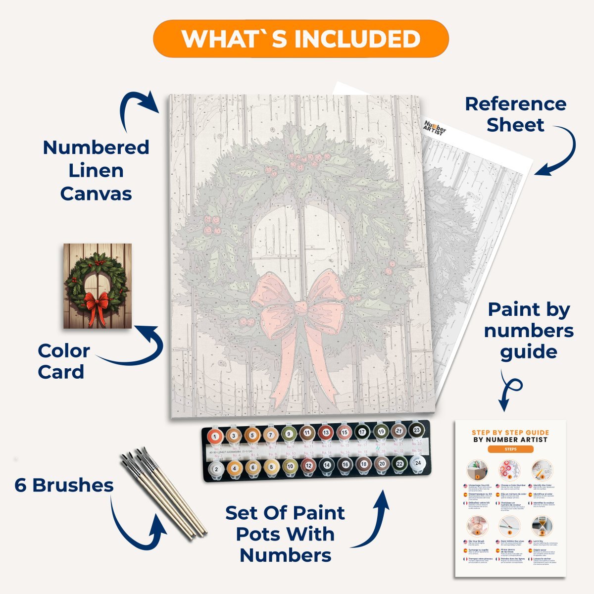 This is an illustration of a Christmas wreath hanging on a wooden wall with a white background.