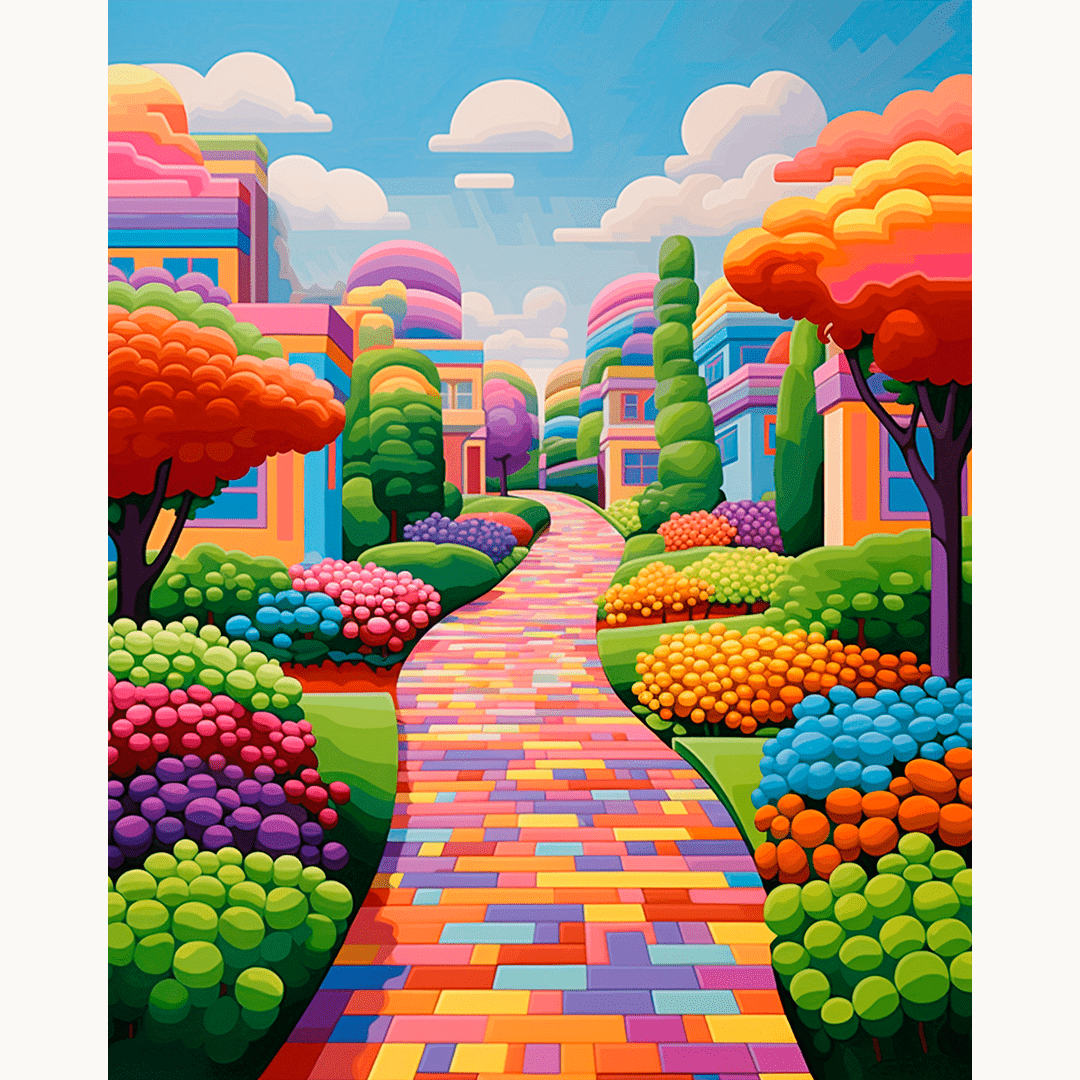 A colorful illustration portrays a whimsical scene featuring a vibrant garden path winding through a neighborhood with brightly colored houses and hedges.