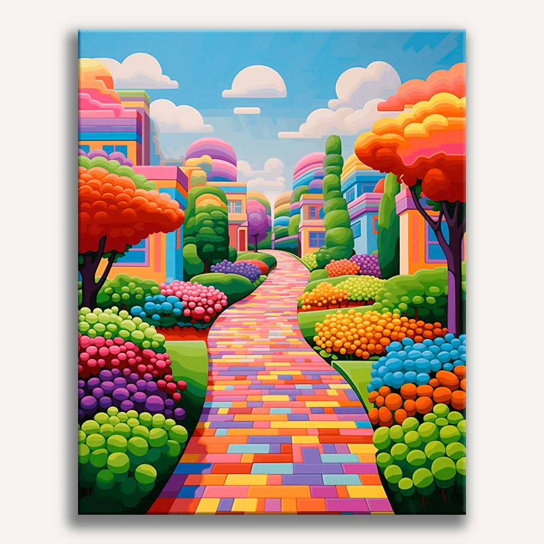 A colorful illustration portrays a whimsical scene featuring a vibrant garden path winding through a neighborhood with brightly colored houses and hedges.