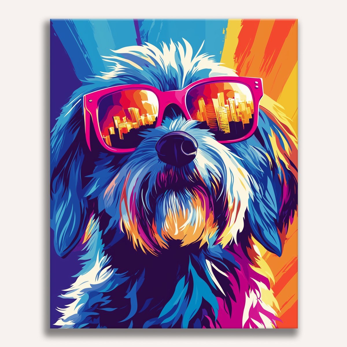 A vibrant illustration showcases a dog wearing sunglasses, standing against a rainbow backdrop.