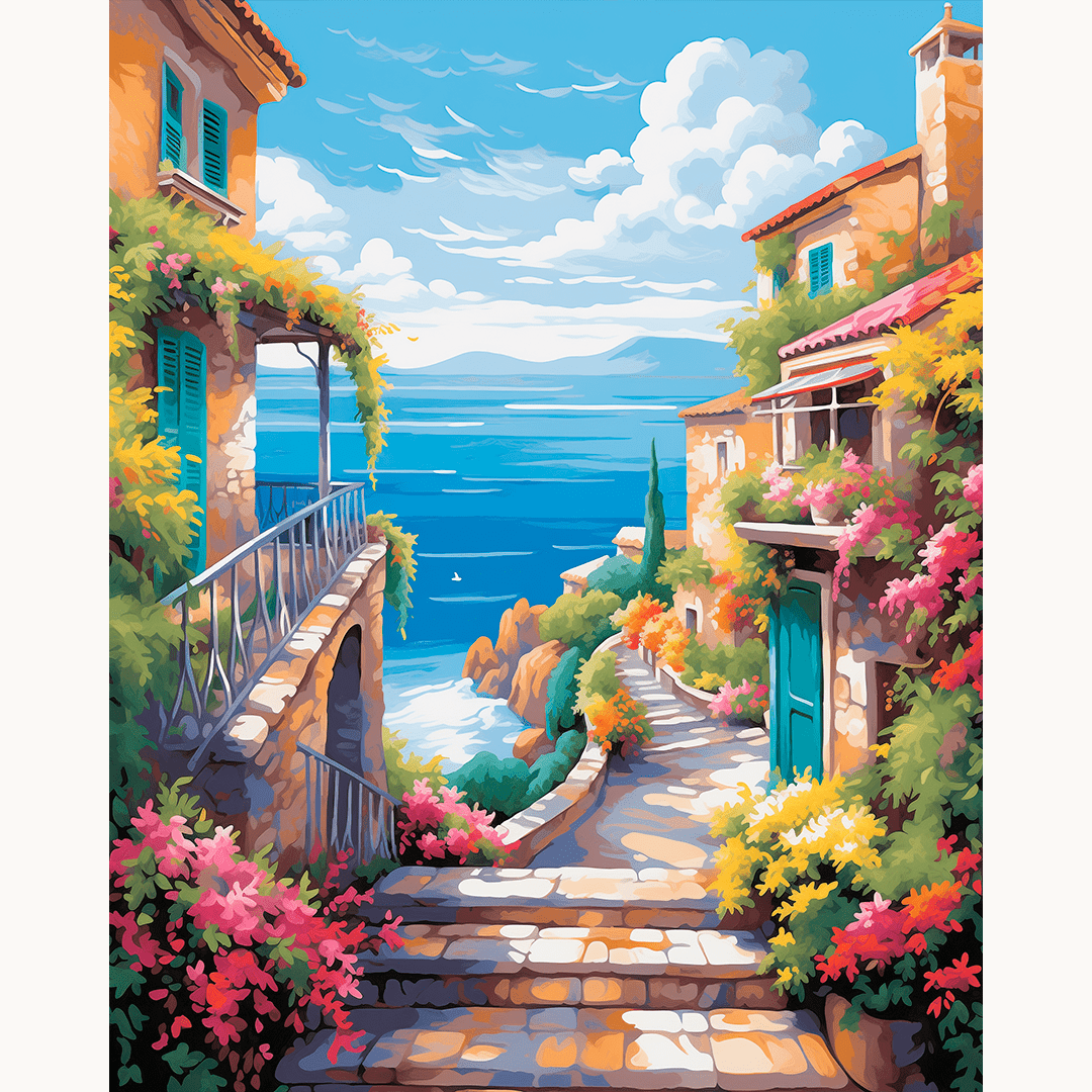 The image portrays a serene Mediterranean coastal scene.