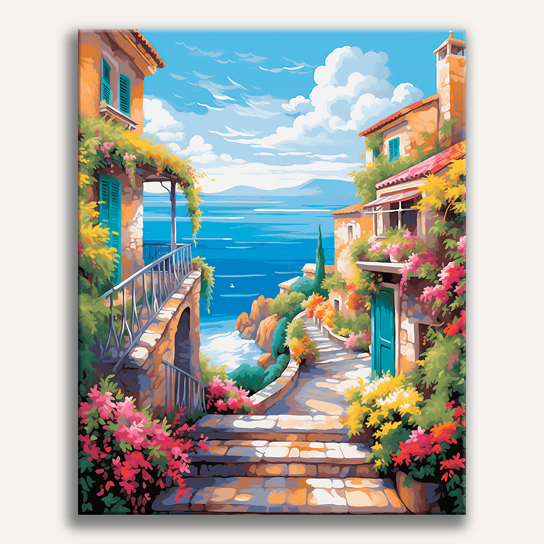 The image portrays a serene Mediterranean coastal scene.