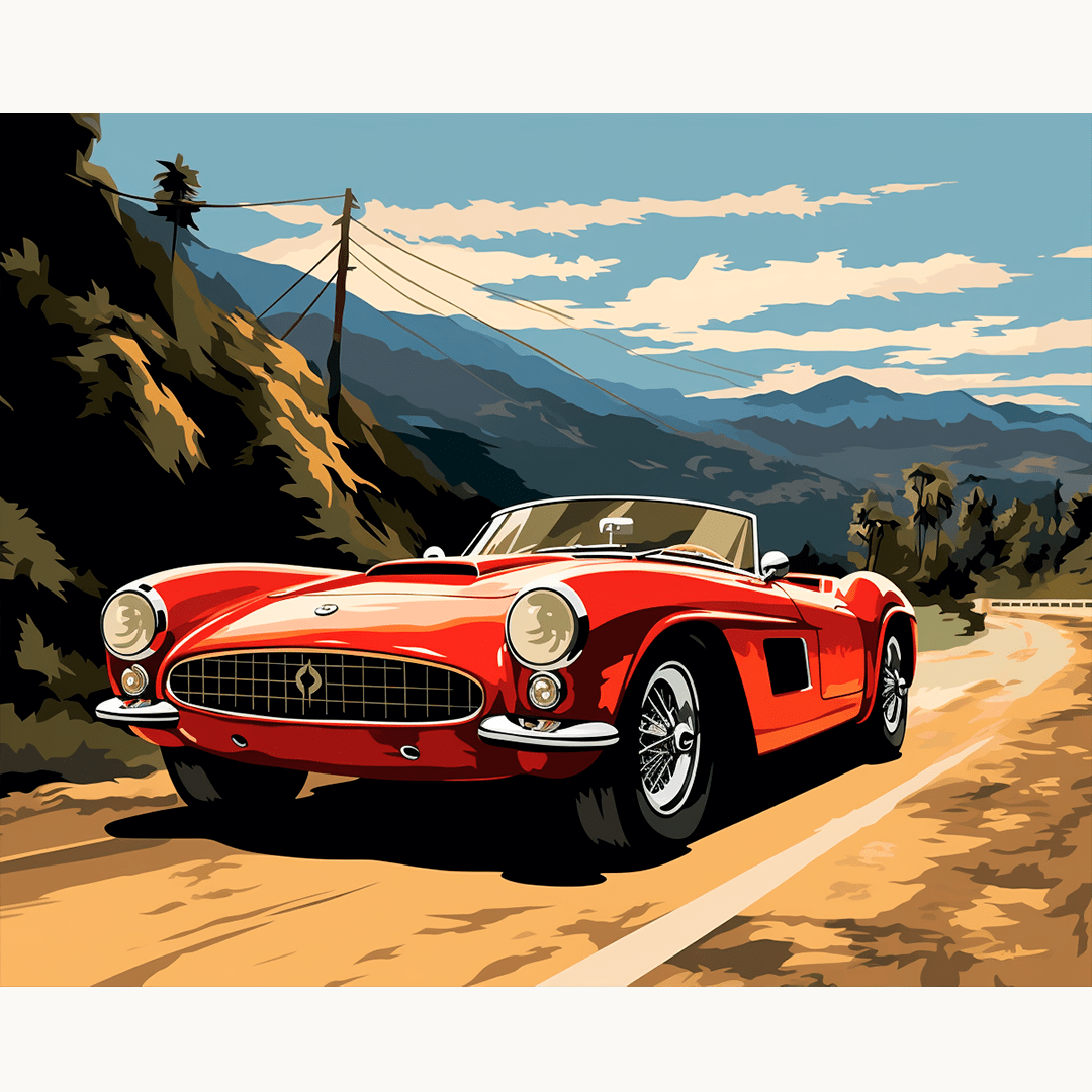 A digital artwork illustrates a classic red sports car driving on a winding rural road, surrounded by hills and a clear blue sky..