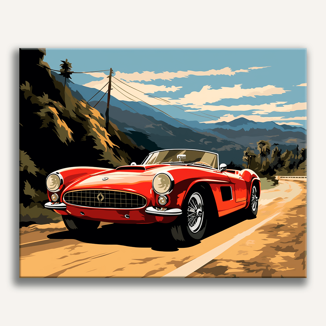 A digital artwork illustrates a classic red sports car driving on a winding rural road, surrounded by hills and a clear blue sky..