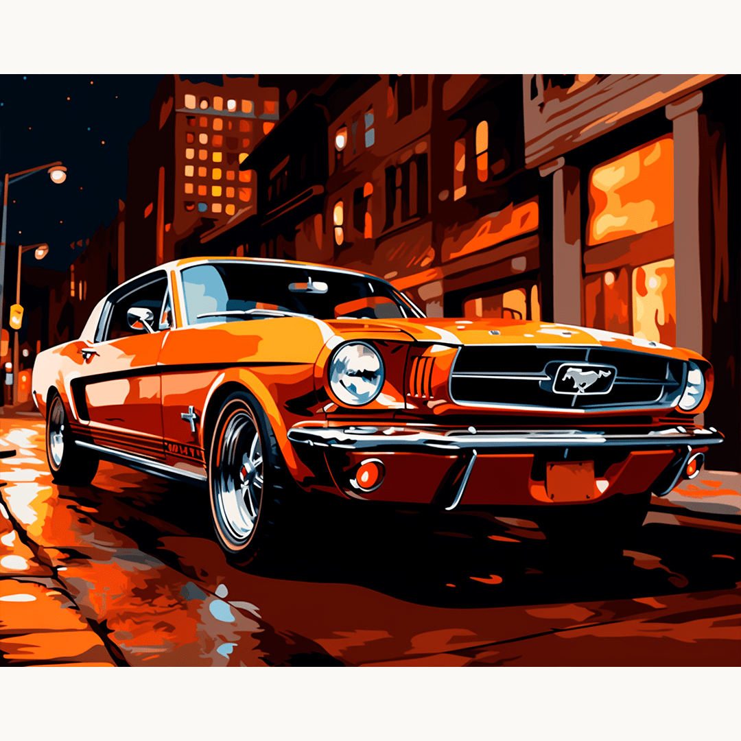 The image features a vividly colored illustration of a classic Ford Mustang car parked on a street at night, under a dark sky with raindrops visible.