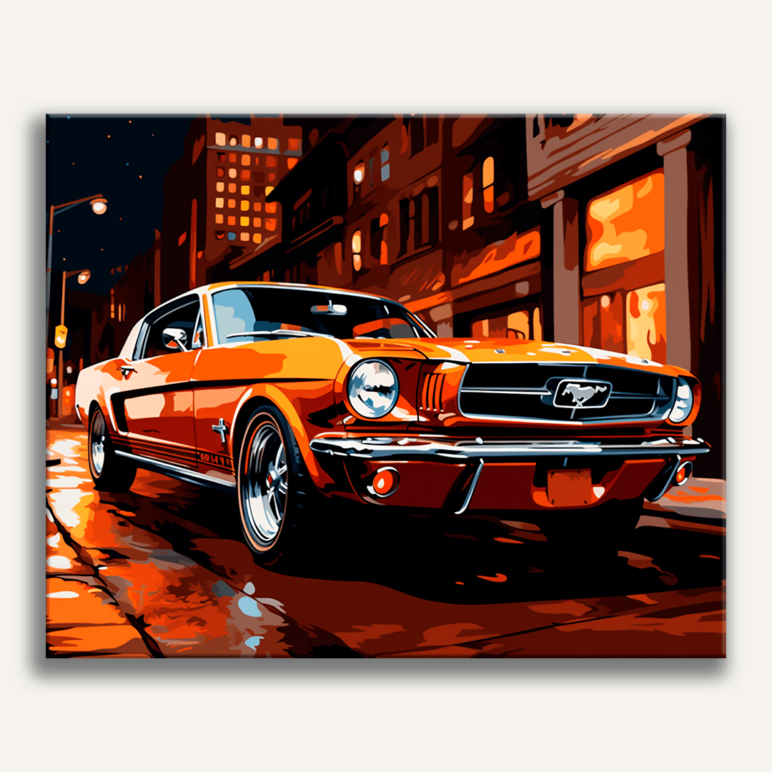 The image features a vividly colored illustration of a classic Ford Mustang car parked on a street at night, under a dark sky with raindrops visible.