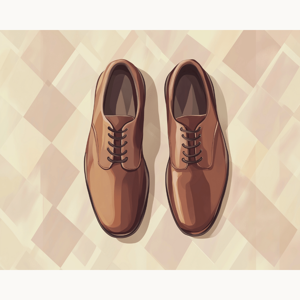 A single brown leather shoe with laces, positioned against a simple, geometric background that suggests a flooring pattern..