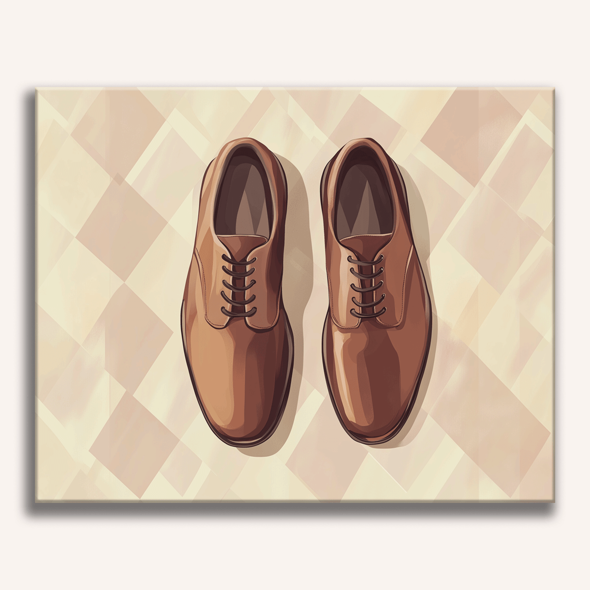A single brown leather shoe with laces, positioned against a simple, geometric background that suggests a flooring pattern..