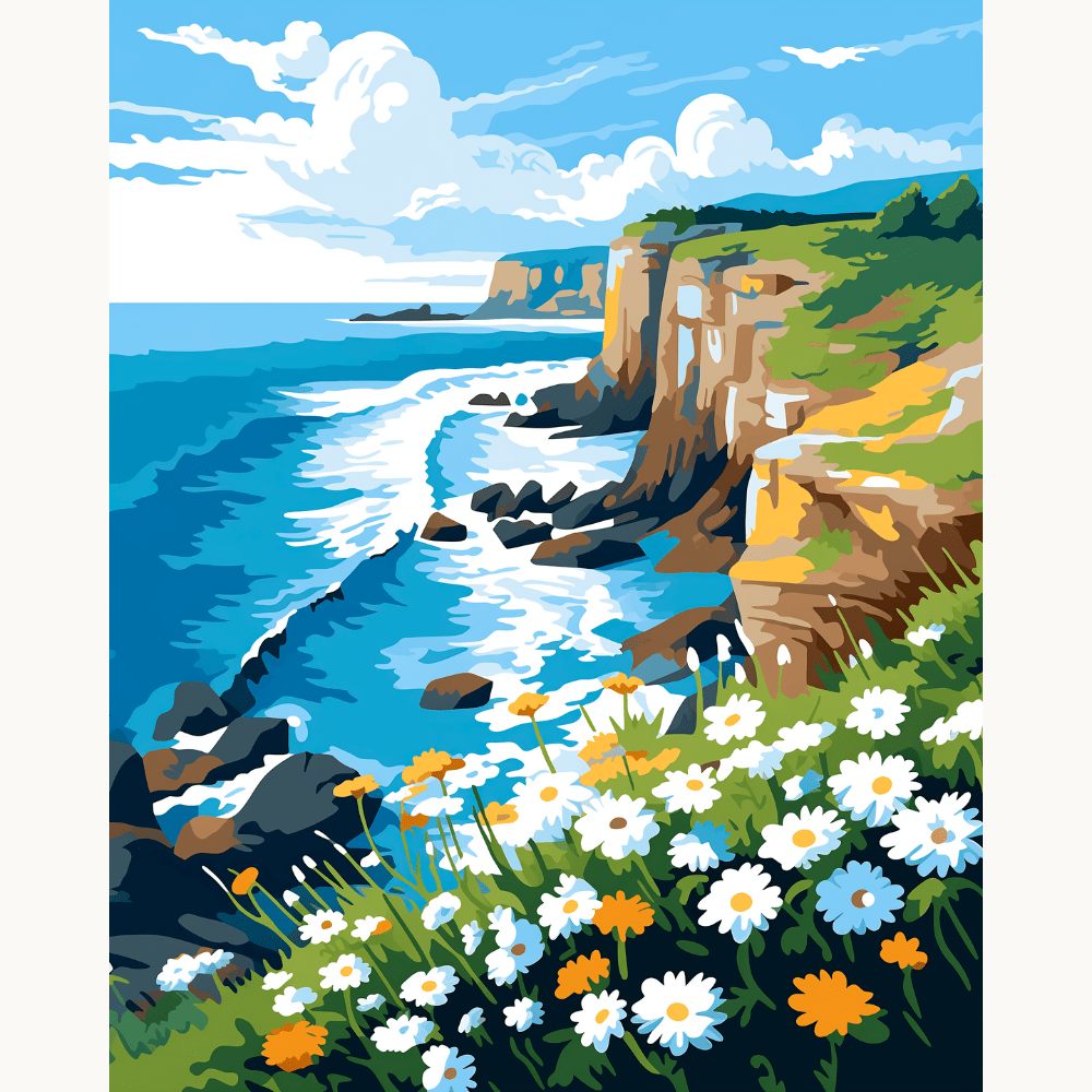 A colorful landscape print illustrates a coastal scene featuring a rocky cliff overlooking the ocean.